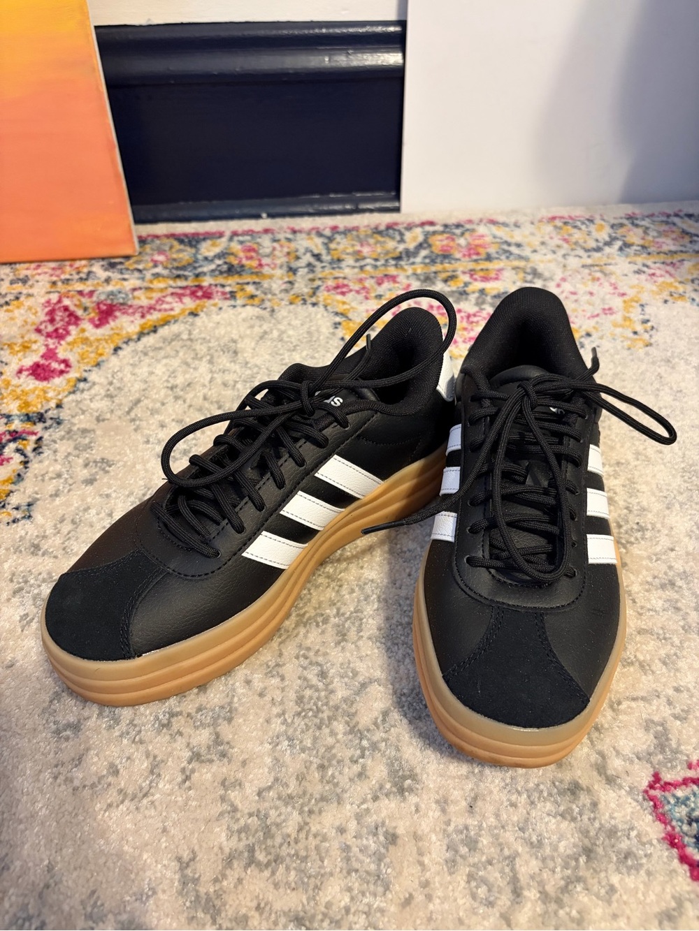 Adidas Black Sneakers with White Stripes and Gum Sole